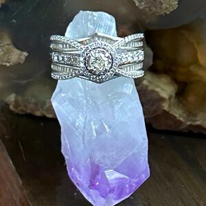 14k White Gold Halo, Banded Wedding Ring